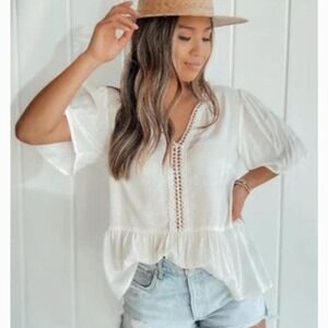 White crochet peplum coquette BoHo top eyelet Ren cottage lg